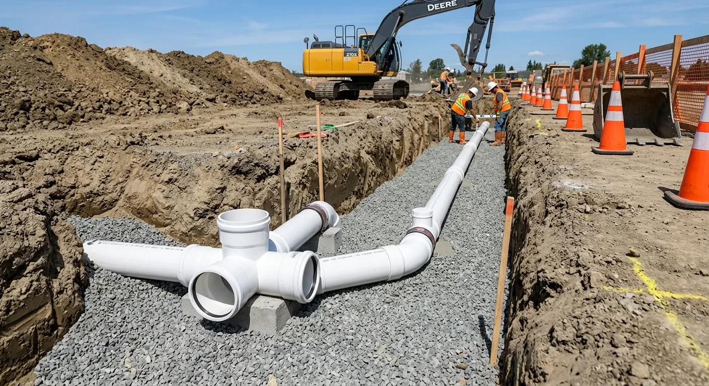 New PVC sewer pipe installation in open trench for Commercial Drain Cleaning in Latrobe