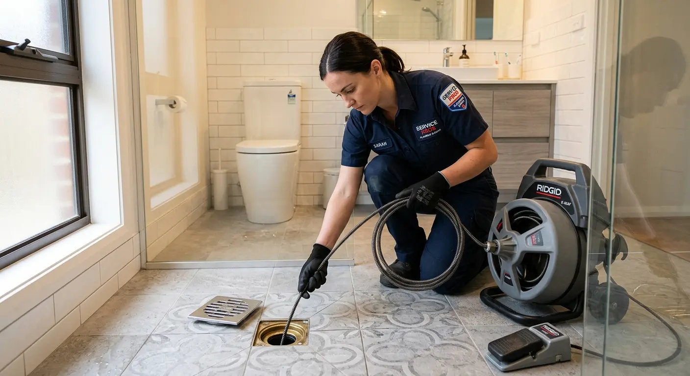 Technician clearing a bathroom floor drain for Clogged Drain Repair in Latrobe